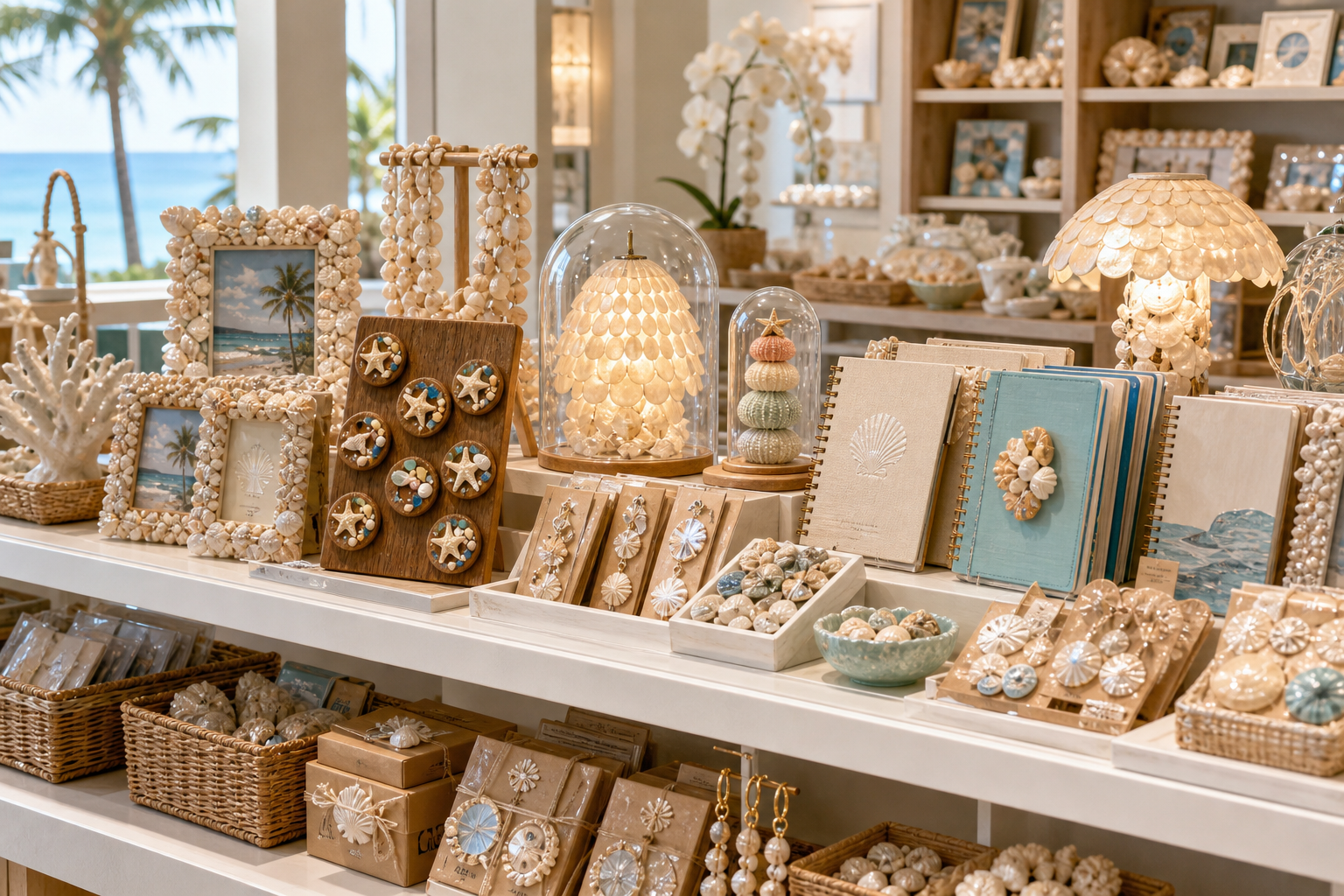 Curated natural textures for calm cultural retail displays. shell craft retail display, view 3