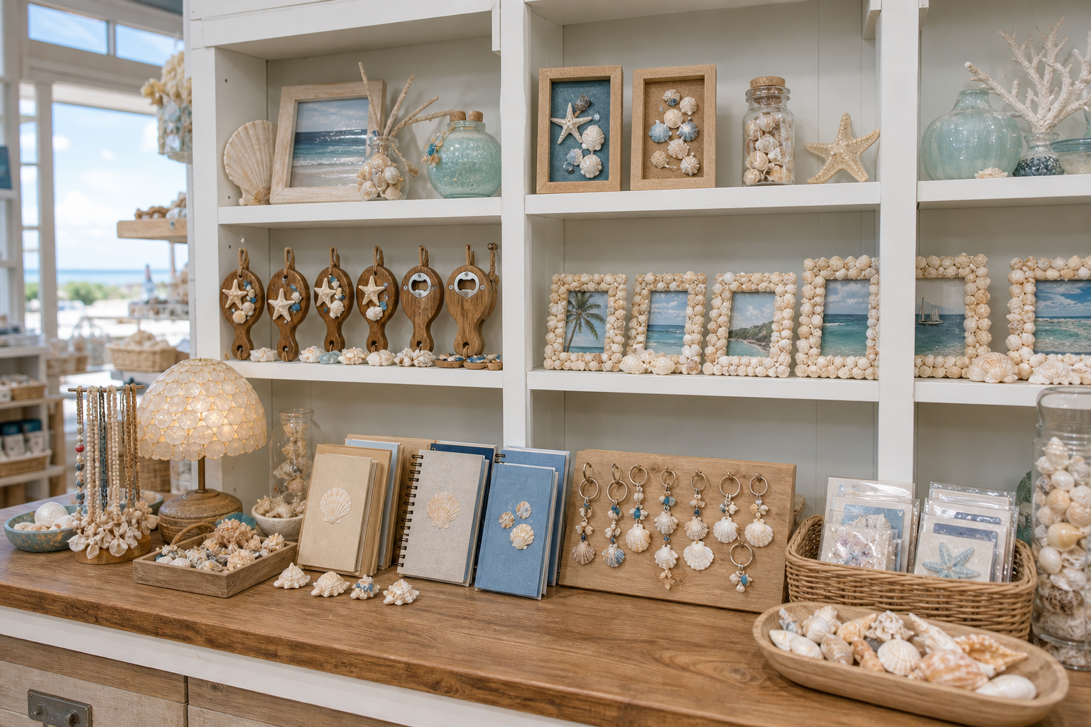 Curated natural textures for calm cultural retail displays. shell craft retail display, view 2